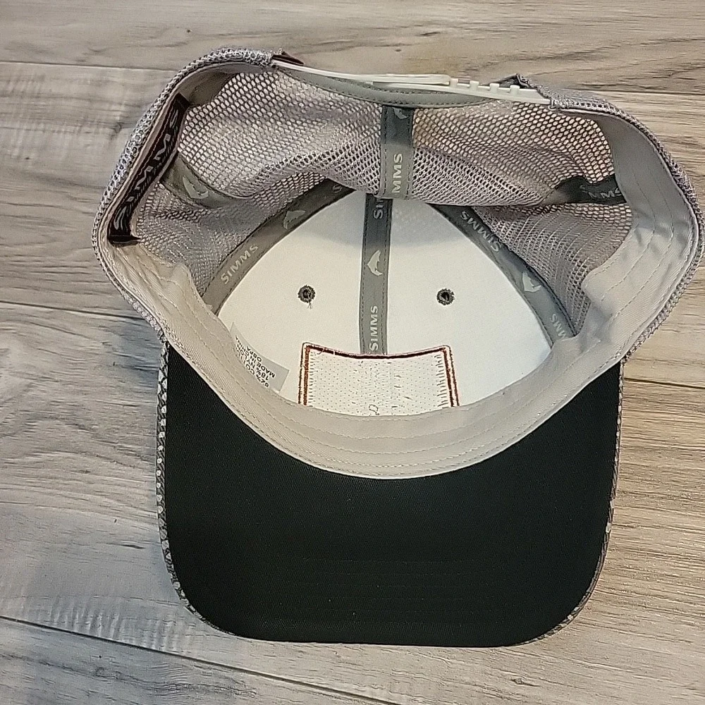 Simms Gray White Mesh Trucker Hat with Orange Trim Patch